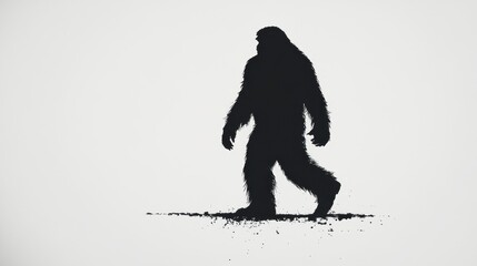 A stark silhouette of Bigfoot stands against a textured, light background, creating a mysterious and imposing figure
