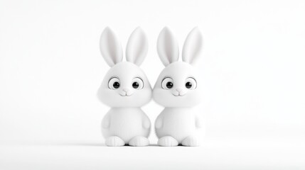 Fototapeta premium Two adorable white rabbits sit side-by-side, cheerful and playful