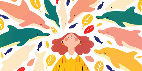 Naklejka premium A whimsical illustration captures a woman's serene encounter with playful dolphins, their vibrant colors and graceful forms evoking a sense of wonder.