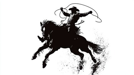 Dynamic silhouette of a cowboy riding a bucking horse, with a lasso in hand and splattered ink effect. A bold, western-themed illustration