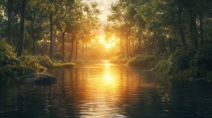 Obraz premium A serene river scene at sunset, surrounded by lush trees and reflecting golden light on calm water, evoking tranquility and natural beauty.