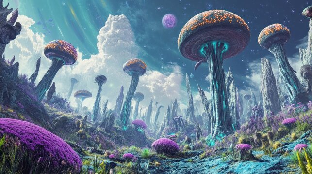 Enchanted extraterrestrial biome teeming with colossal bioluminescent fungi and strange vegetation