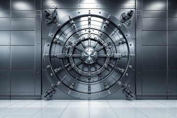 Large metallic vault door inside a modern secure facility, futuristic graphic style, on clean tiled background. Concept of safety, finance, and business. Ai generative