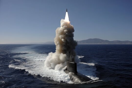 Nuclear war. Launch of a nuclear ballistic intercontinental missile from submarine. The submarine launches its intercontinental missile, creating a moment of worldwide fear.