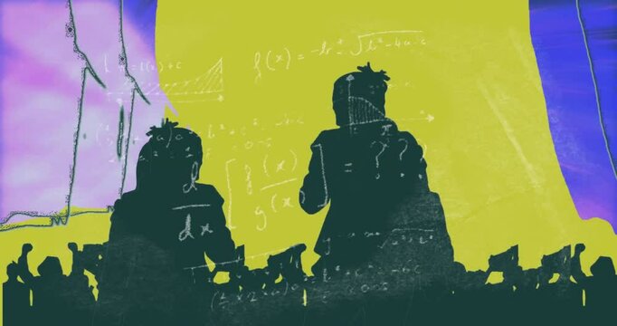 Animation of silhouetted figures with mathematical equations over colorful background