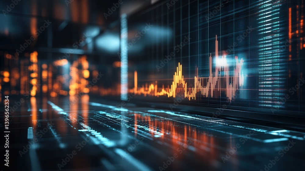 Poster a sleek, futuristic digital interface displaying data trends and analytics with vibrant visual eleme