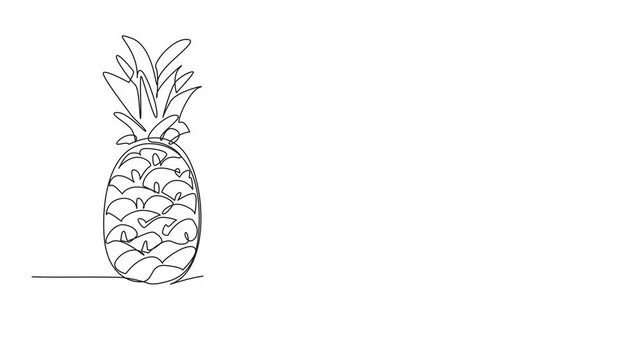 Self drawing animation of single continuous line drawing small pieces of pineapple upside-down cake on a small plate. Cake with a distinctive taste. Pineapple Upside-Down Cake. Full length animated