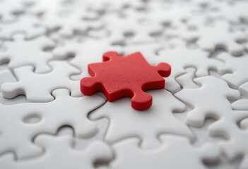 Fototapeta premium A Red Puzzle Piece Is Lying On Top Of A Pile Of White Puzzle Pieces In A Macro Shot, Emphasizing Individuality. Problem Solving, Unique Solution