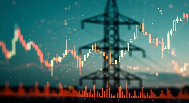 Energy Market Volatility: Candlestick Chart Overlayed on Power Transmission Tower