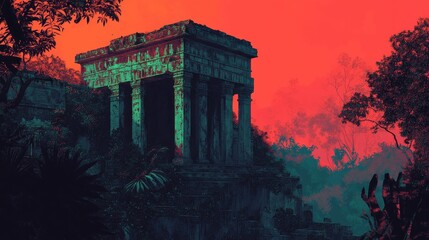 Obraz premium Ancient stone structure with columns sits on a hill under a red sky.