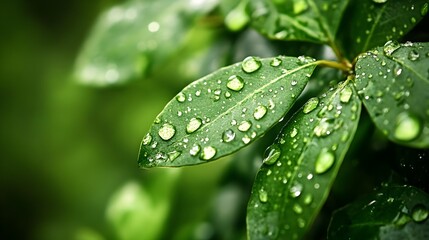Close-Up of Green Leaves with Water Droplets in Macro Photography