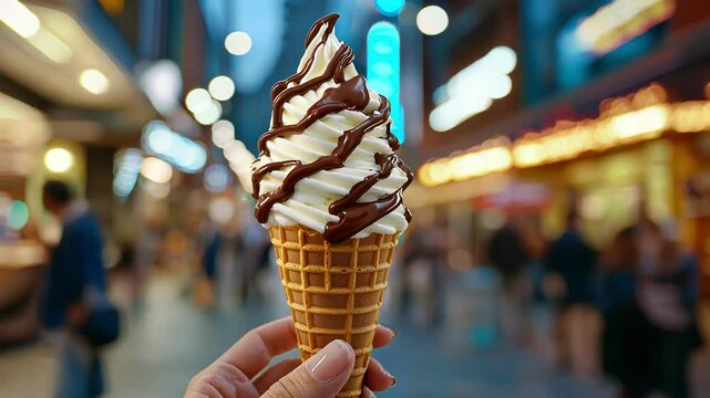 A hand holding a chocolate-swirl ice cream cone in a lively setting.