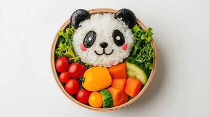 Cute panda rice bento box with vegetables.