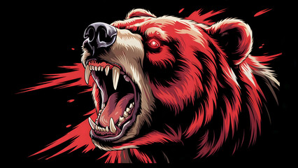 Vicious Crimson Roar – Stylized Digital Illustration of an Enraged Bear with Glowing Eyes and Exaggerated Fangs