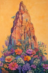 Abstract painting of a rock formation surrounded by colorful flowers against yellow background.