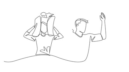 Animated self drawing of single one line drawing wife covers both her ears with pillow. Snoring sound. Disturbs comfort before going to sleep. Stop Snoring Week. Full length single line animation