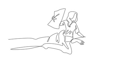 Animation of single one line drawing wife holding pillow to smother husband. Disturbing the comfort of resting. A loved one Stop Snoring Week. Continuous line self drawing animated. Full length motion