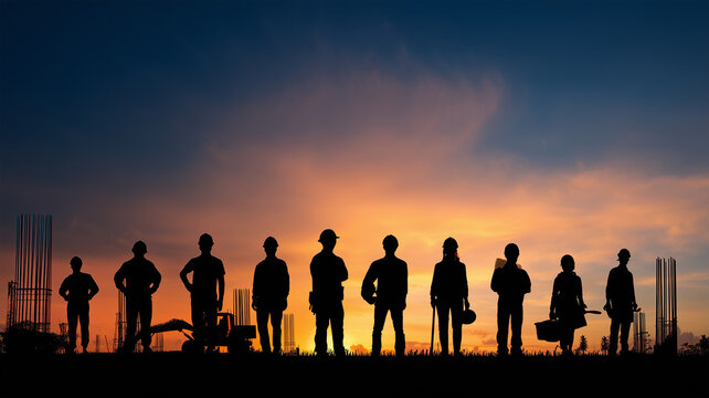 Row of human silhouettes standing side by side against orange sunset sky with construction equipment and vertical metal rods visible on frame edges