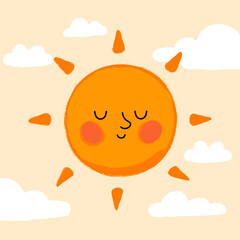 Smiling Sun with Rosy Cheeks, Cartoon Style, Surrounded by Fluffy Clouds
