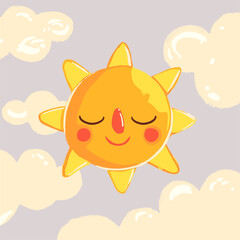 Smiling Sun with Closed Eyes Surrounded by Clouds, Cartoon Style Illustration