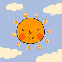 Dreamy Sun with Rosy Cheeks in a Cloudy Sky, Cartoon Style Illustration.