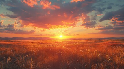 Fototapeta premium A breathtaking sunset casts warm hues over a field, illuminating the grass and creating a tranquil atmosphere.