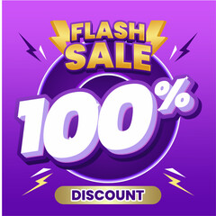 Flash Sale 100% Discount Banner with Lightning Icons and Bold Typography on Purple Background