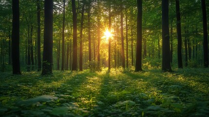 Fototapeta premium A serene forest scene with sun rays filtering through tall trees, creating a tranquil atmosphere and highlighting lush greenery on the forest floor.