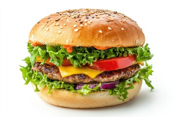 Delicious Fresh Burger with Beef Patty Tomato and Lettuce Isolated