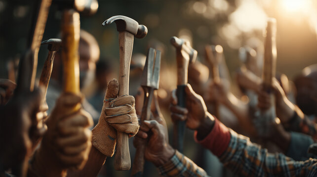 Multiple hands holding hammers and work tools with gloved fingers in close-up against warm sunlit background - Powered by Adobe