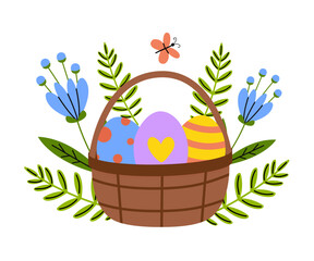 Colorful Easter basket filled with decorated eggs and flowers in a vibrant spring design