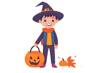 Happy halloween child in witch costume with jack o lantern