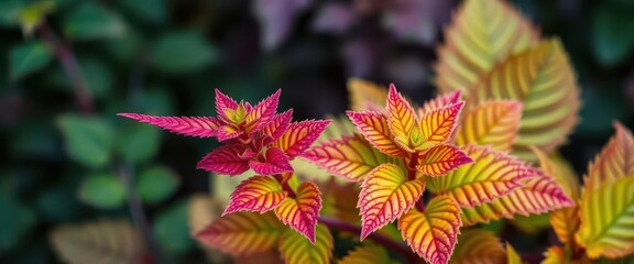 Vibrant coleus foliage bursts from a painted nettle stem, flora, background