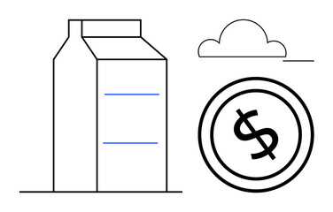 Milk carton beside dollar coin under minimal cloud, emphasizing cost analysis, economic trends, sustainability. Ideal for pricing, commerce, trade, economy, agriculture savings flat simple metaphor