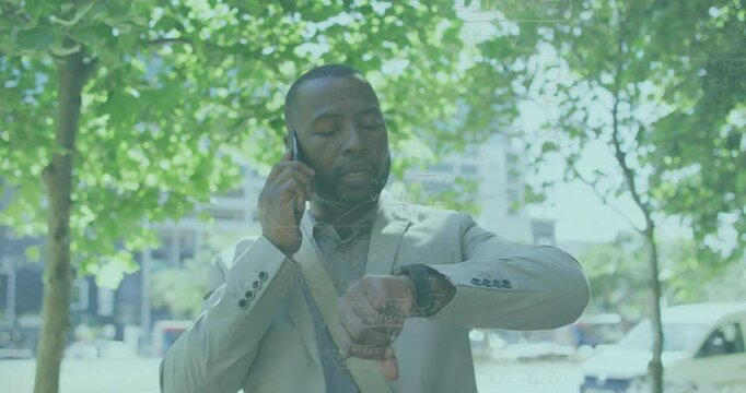 Talking on phone, businessman checking watch with animation of mathematical equations