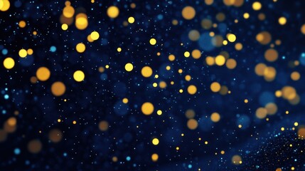 Golden particles and bokeh lights drift across a dark blue background, creating a magical, sparkling effect