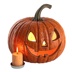 Festive Halloween Pumpkin with Candle and Autumn Leaves
