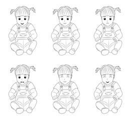 Outline of Little Girl Character Shows Different Emotions.