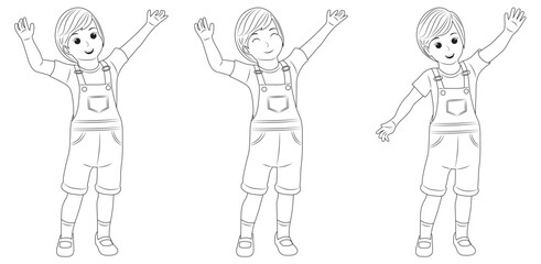 Outline of Little Boy Character, Raising Hand and Smiling Emotion Poses.