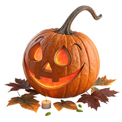 Festive Halloween Pumpkin with Candle and Autumn Leaves