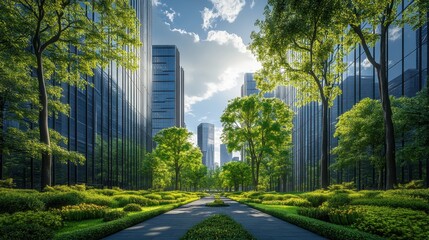 A serene urban landscape featuring towering skyscrapers amidst lush greenery and vibrant trees under a bright blue sky.