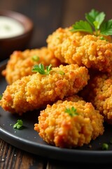 Crispy air fried chicken nuggets with dipping sauce on side, air fryer, golden, breaded