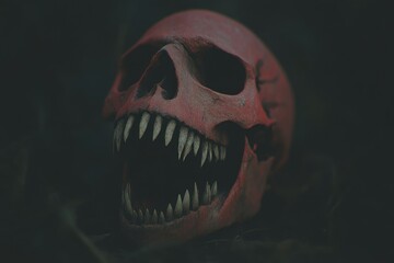 Naklejka premium Crimson Skull with Fanged Jaws