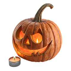 Festive Halloween Pumpkin with Candle and Autumn Leaves