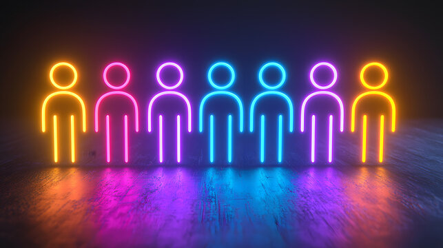 Illuminated Diversity: Vibrant neon figures represent a diverse group, illuminated against a deep backdrop, emphasizing unity and inclusion through striking visuals.