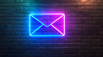 Neon Email Symbol: A striking neon sign of a closed envelope glows brilliantly against a rustic brick wall, symbolizing digital communication in a visually captivating style.