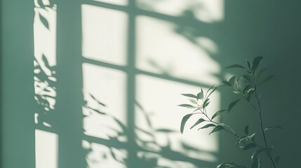 Soft green aesthetic with window shadows and plant leaves for calming home decor and interior design