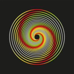 Spiral circle gradient. Vivid swirl shape. Hypnotic vector rotation. Black background detail.