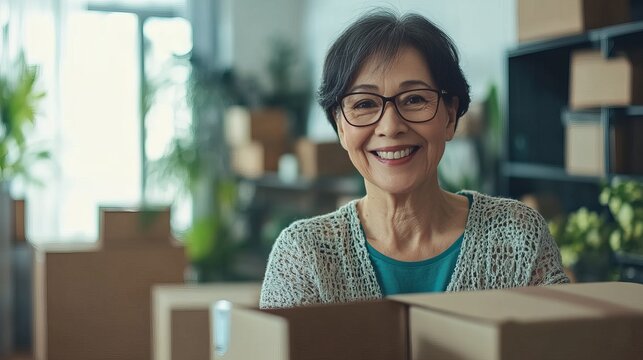 Happy senior woman moving into new home surrounded by cardboard boxes relocation and downsizing concept