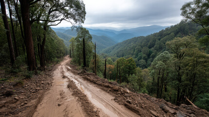 Fototapeta premium muddy trail winds through dense forest with mountains in distance